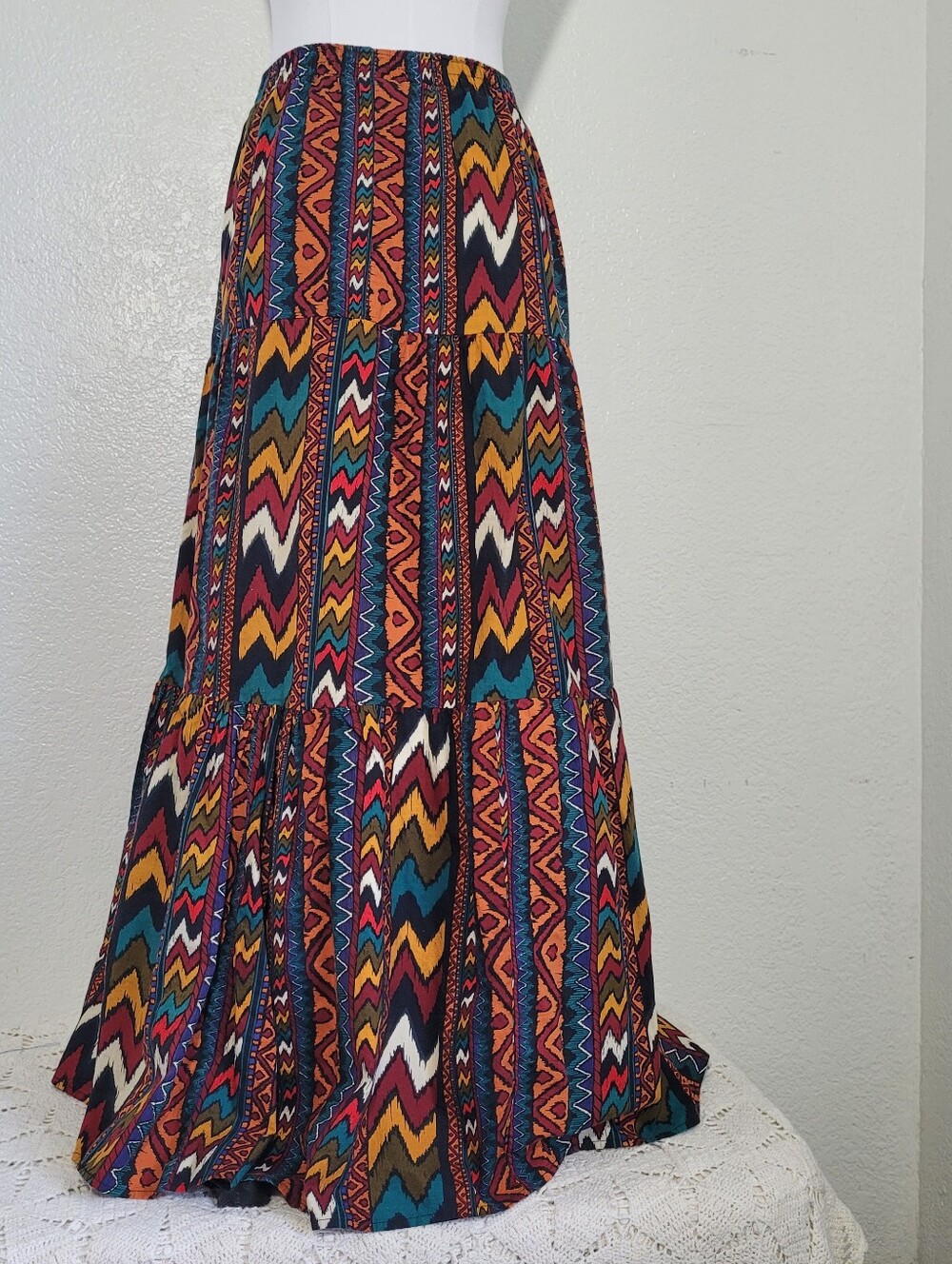 Vintage KWBL Los Angeles Aztec Bohemian Western Tiered Maxi Skirt in Multicolor - Picture 5 of 9